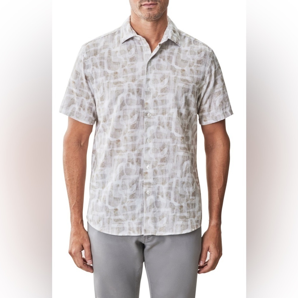 Robert Barakett Steinway Short Sleeve Cotton & Linen Button-Up Shirt Size XL